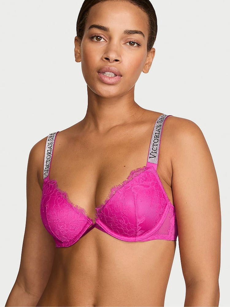 Victoria's Secret Pink Fire Lightly Lined Demi Shine Strap Lace Bra - Image 1 of 2 Victoria's Secret Pink Fire Lightly Lined Demi Shine Strap Lace Bra - Image 1 of 2