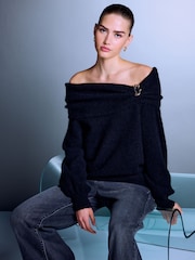 Black Bardot Brooch Off Shoulder Knitted Jumper - Image 1 of 7
