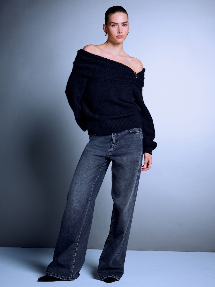 Black Bardot Brooch Off Shoulder Knitted Jumper - Image 2 of 7 Black Bardot Brooch Off Shoulder Knitted Jumper - Image 2 of 7