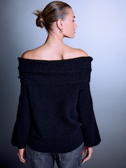 Black Bardot Brooch Off Shoulder Knitted Jumper - Image 3 of 7