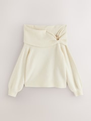 Ecru Bardot Brooch Off Shoulder Knitted Jumper - Image 6 of 8