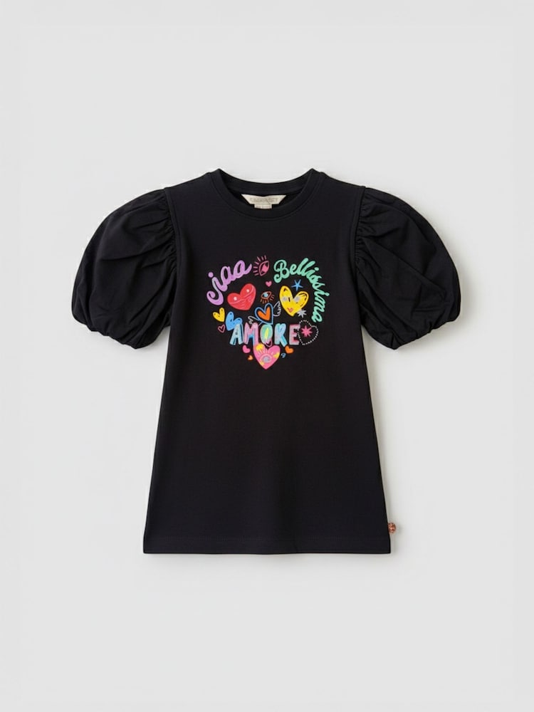 Angel & Rocket Black Aida Amore Print Puff Sleeve T-Shirt - Image 1 of 2