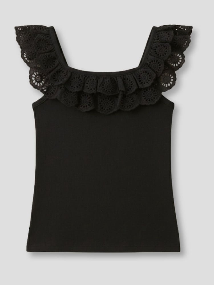 Angel & Rocket Black Jess Broderie Frill Vest Top - Image 3 of 3 Angel & Rocket Black Jess Broderie Frill Vest Top - Image 3 of 3
