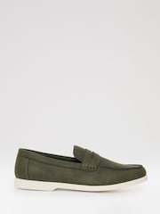Threadbare Green Textured Faux Suede Penny Loafers - Image 1 of 4