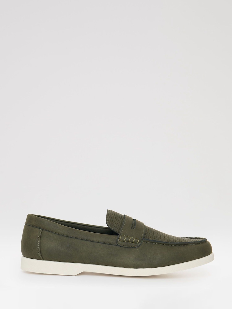 Threadbare Green Textured Faux Suede Penny Loafers - Image 1 of 4