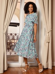 Yumi Blue Blossom Skater Midi Dress With Angel Sleeves - Image 1 of 5