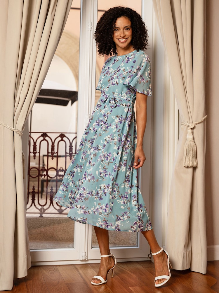 Yumi Blue Blossom Skater Midi Dress With Angel Sleeves - Image 1 of 5