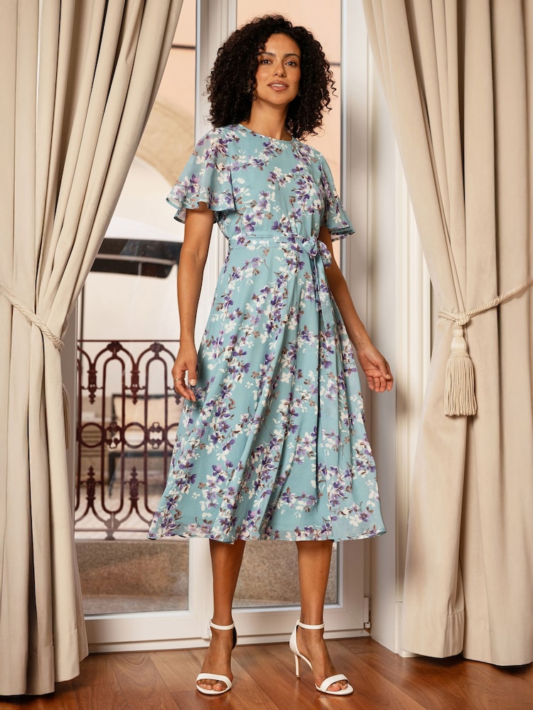 Yumi Blue Blossom Skater Midi Dress With Angel Sleeves - Image 2 of 5