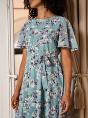 Yumi Blue Blossom Skater Midi Dress With Angel Sleeves - Image 4 of 5