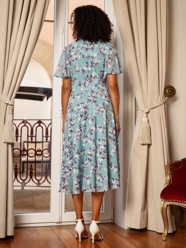 Yumi Blue Blossom Skater Midi Dress With Angel Sleeves - Image 5 of 5