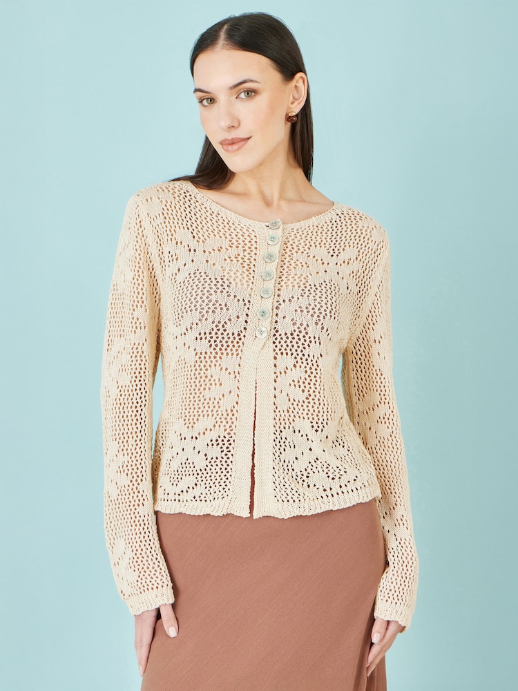Yumi Natural Flower Crochet Button Up Cardigan - Image 1 of 4 Yumi Natural Flower Crochet Button Up Cardigan - Image 1 of 4
