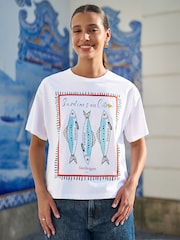 Yumi White Retro Relaxed Sardines With Lemon Print Cotton T-Shirt - Image 1 of 5