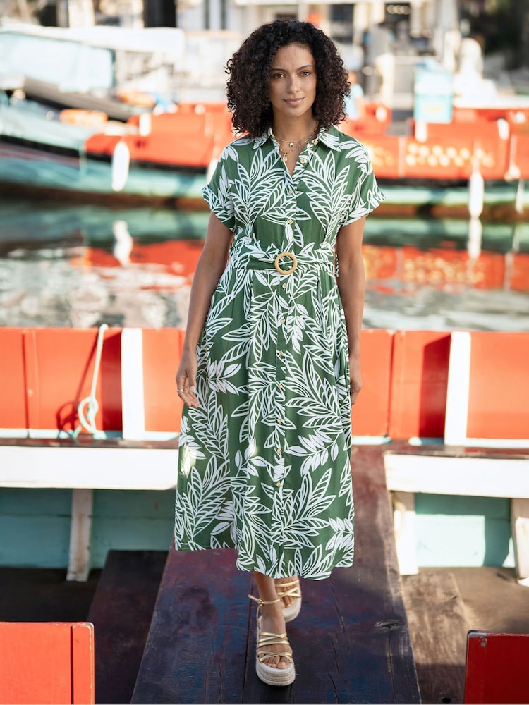 Yumi Green Leaf Print Viscose Relaxed Midi Shirt Dress - Image 1 of 5