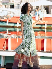 Yumi Green Leaf Print Viscose Relaxed Midi Shirt Dress - Image 2 of 5