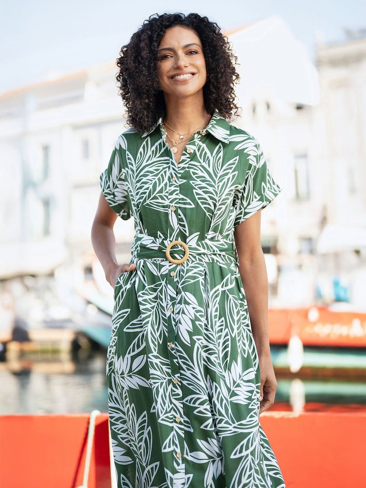 green leaf shirt dress Green Leaf Print Midi Dress: Handmade Boho Shirt Dress with Pockets
