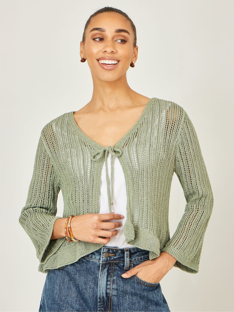 Yumi Green Tie Front Knitted Pointelle Cardigan - Image 1 of 5