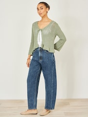 Yumi Green Tie Front Knitted Pointelle Cardigan - Image 2 of 5