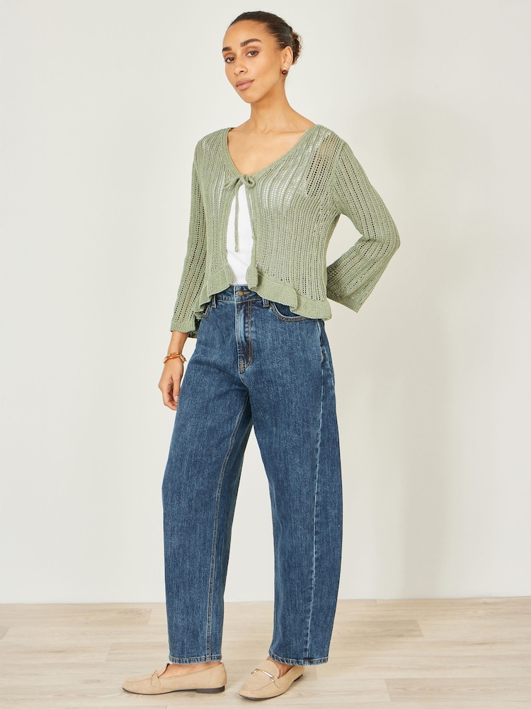 Yumi Green Tie Front Knitted Pointelle Cardigan - Image 2 of 5