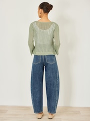 Yumi Green Tie Front Knitted Pointelle Cardigan - Image 3 of 5