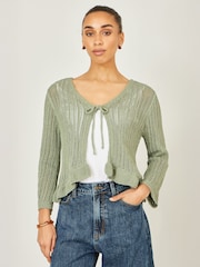 Yumi Green Tie Front Knitted Pointelle Cardigan - Image 4 of 5
