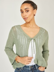 Yumi Green Tie Front Knitted Pointelle Cardigan - Image 5 of 5