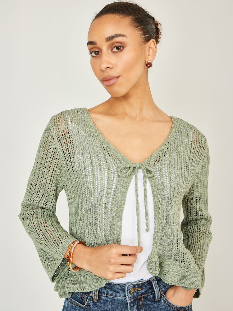 Yumi Green Tie Front Knitted Pointelle Cardigan - Image 5 of 5