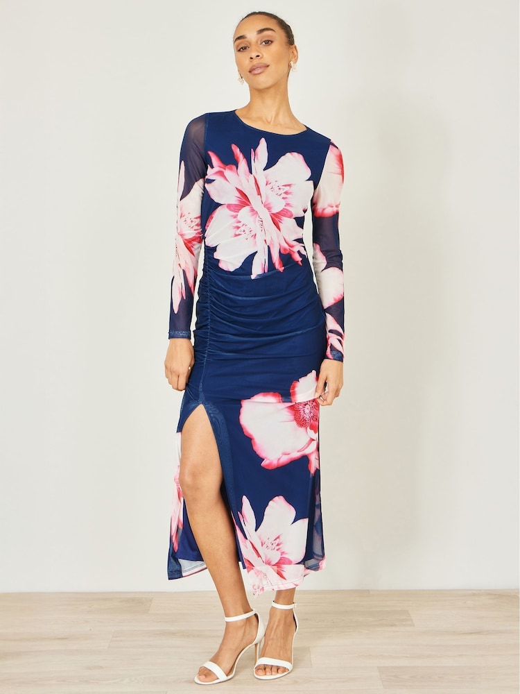 Yumi Blue Floral Placement Long Sleeve Mesh Maxi Dress - Image 1 of 5