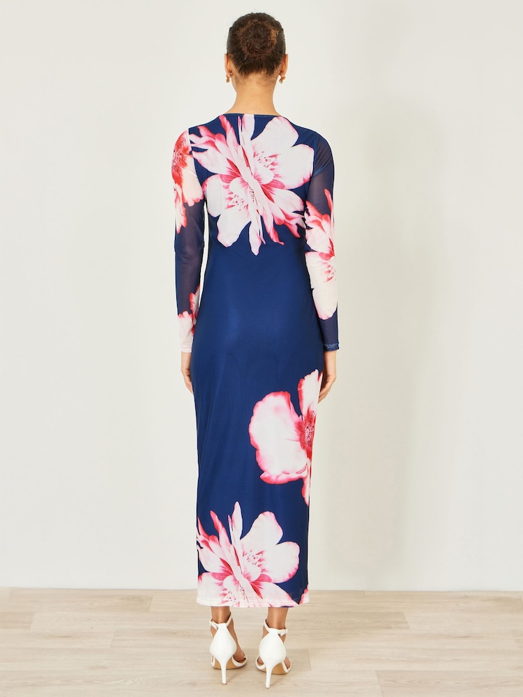 Yumi Blue Floral Placement Long Sleeve Mesh Maxi Dress - Image 2 of 5