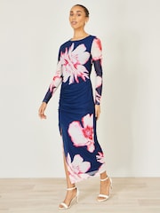 Yumi Blue Floral Placement Long Sleeve Mesh Maxi Dress - Image 4 of 5