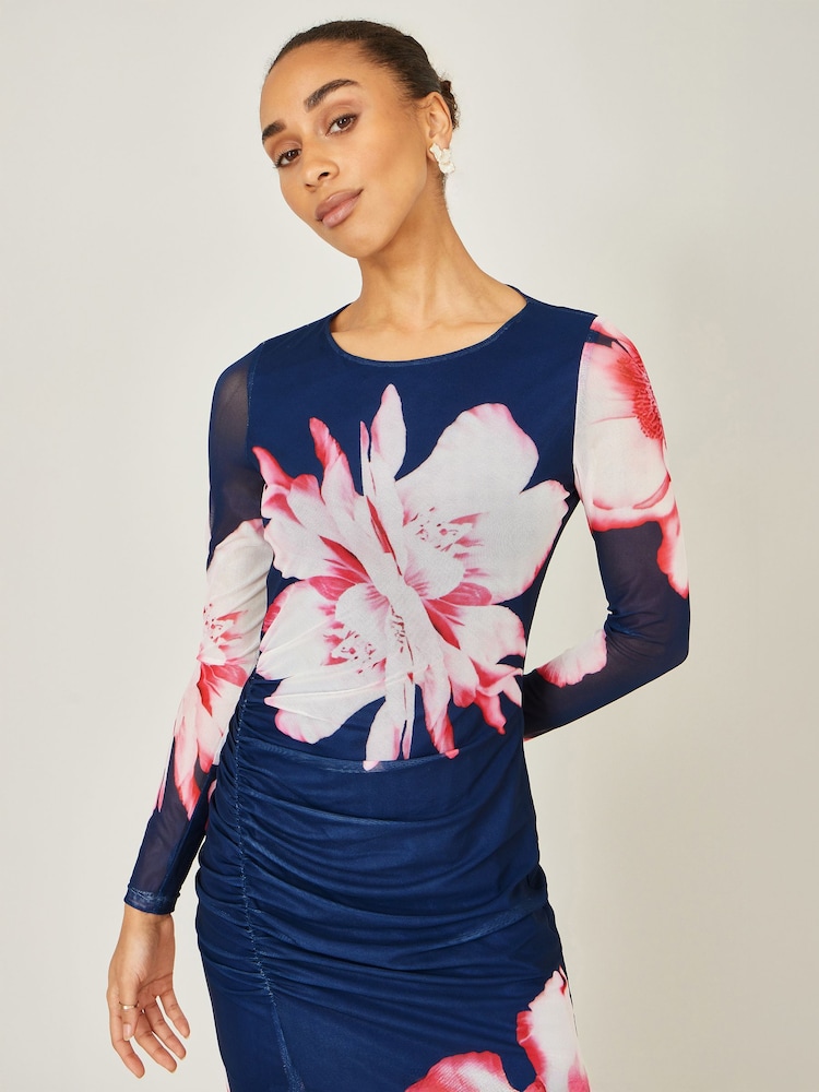 Yumi Blue Floral Placement Long Sleeve Mesh Maxi Dress - Image 5 of 5