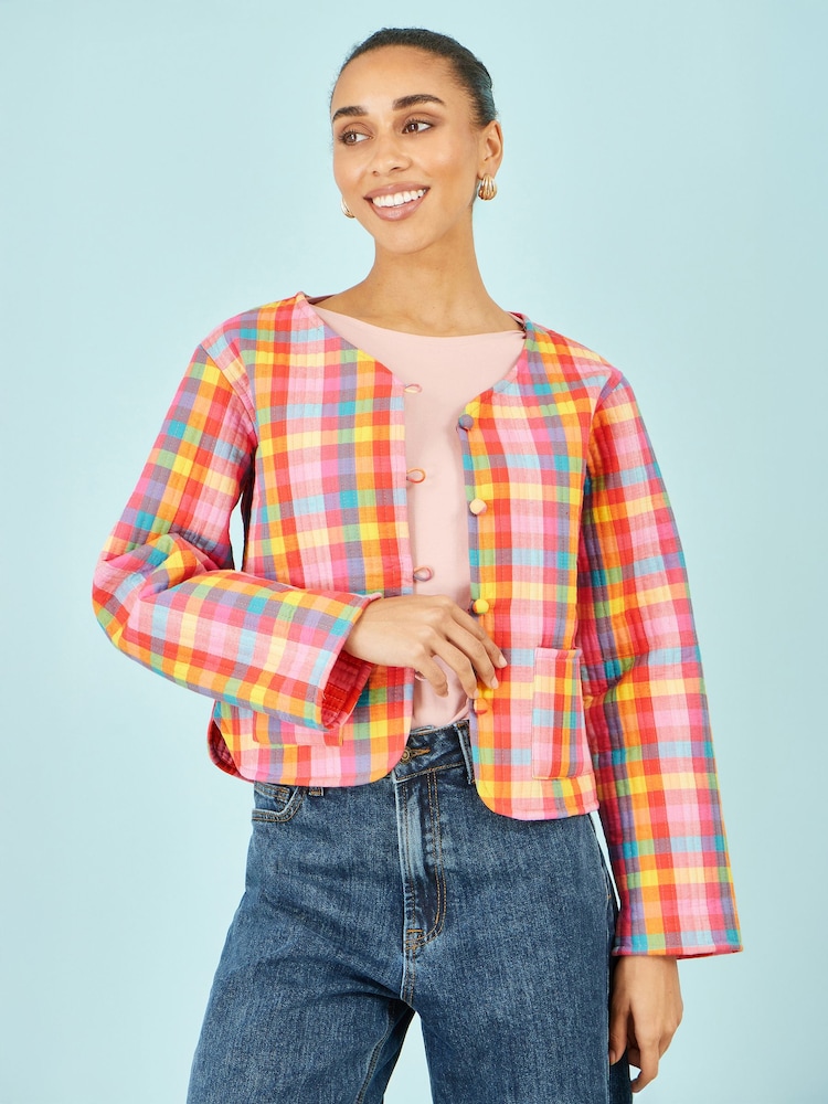 Yumi Pink Check Cropped Reversible Cotton Quilted Jacket - Image 1 of 4