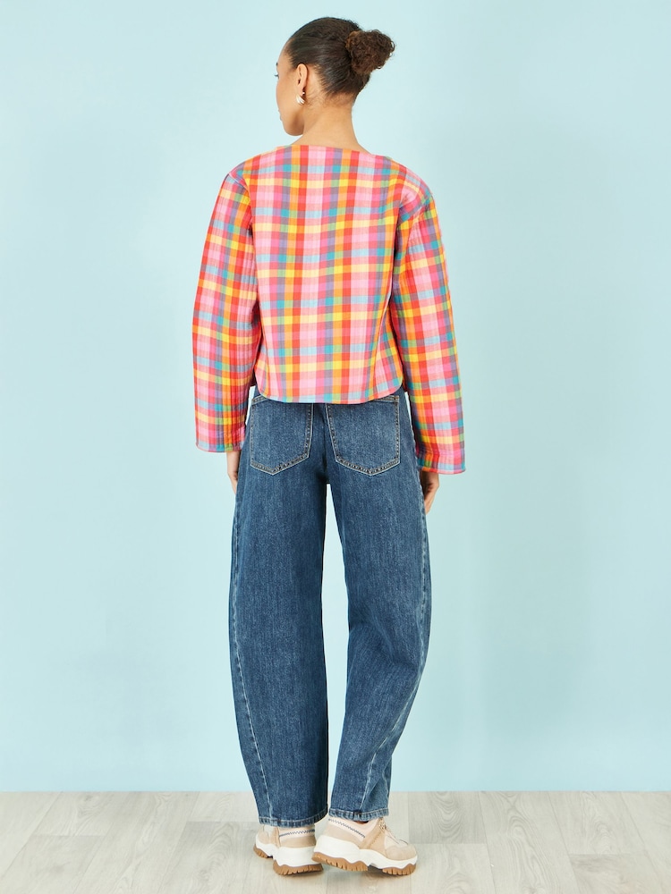 Yumi Pink Check Cropped Reversible Cotton Quilted Jacket - Image 4 of 4