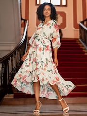 Yumi Cream Floral Print Wrap Midi Dress With Dipped Hem - Image 1 of 5