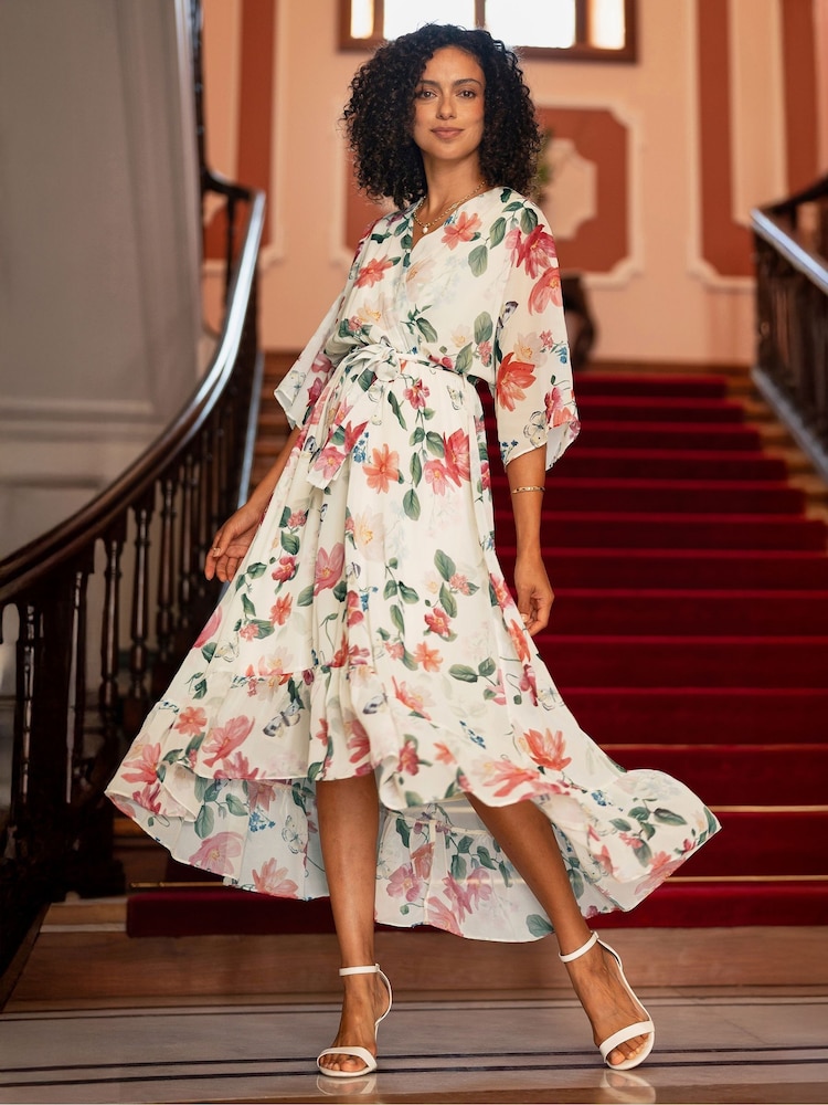 Yumi Cream Floral Print Wrap Midi Dress With Dipped Hem - Image 1 of 5