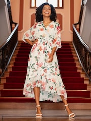 Yumi Cream Floral Print Wrap Midi Dress With Dipped Hem - Image 2 of 5