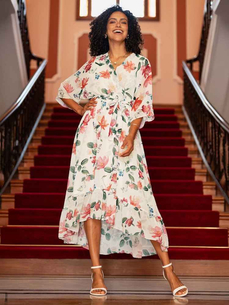 Yumi Cream Floral Print Wrap Midi Dress With Dipped Hem - Image 2 of 5