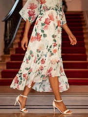 Yumi Cream Floral Print Wrap Midi Dress With Dipped Hem - Image 3 of 5