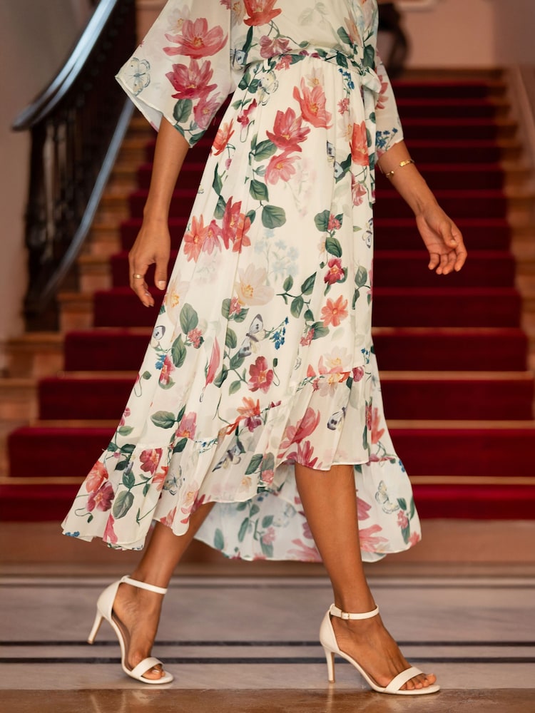cream floral dress midi Cream White Casual Midi Dress with Floral Print Cream White Floral / XSmall