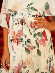 Yumi Cream Floral Print Wrap Midi Dress With Dipped Hem - Image 4 of 5