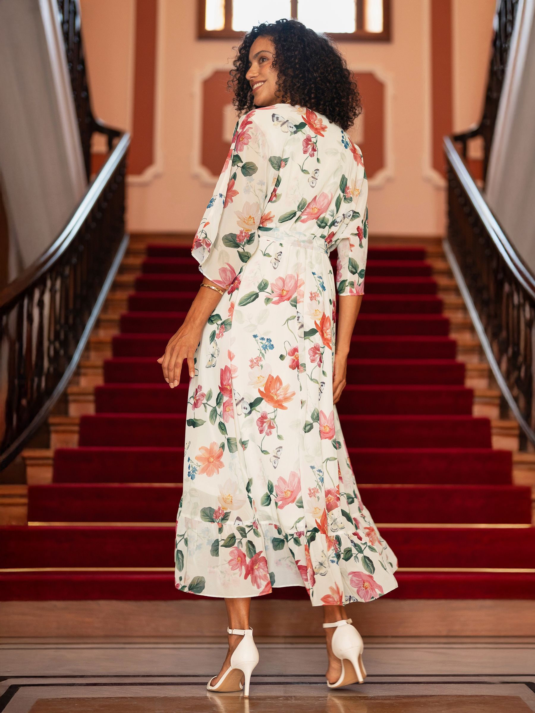 Buy Yumi Cream Floral Print Wrap Midi Dress With Dipped Hem from
