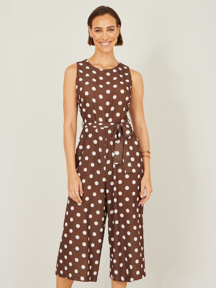 Yumi Brown Polka Dot Culotte Jumpsuit - Image 1 of 5 Yumi Brown Polka Dot Culotte Jumpsuit - Image 1 of 5