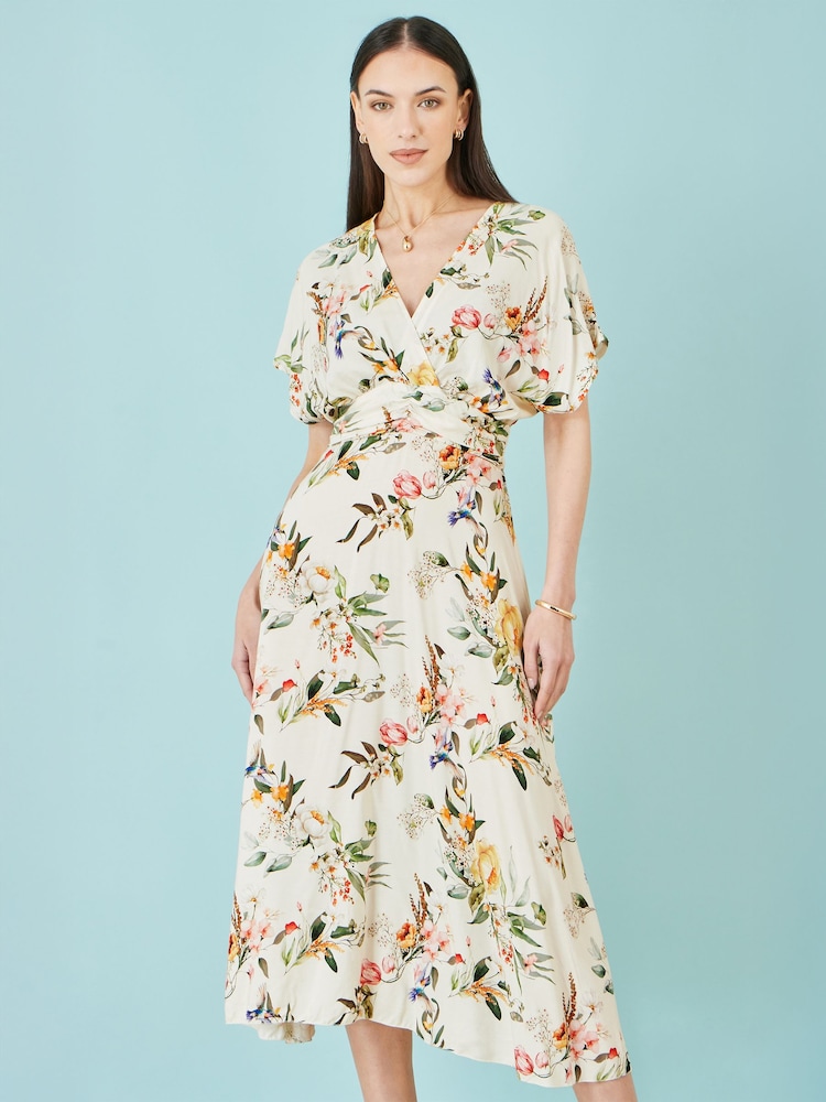 Yumi Viscose Floral Print Midi Dress With Ruched Waist - Image 1 of 5 Yumi Viscose Floral Print Midi Dress With Ruched Waist - Image 1 of 5