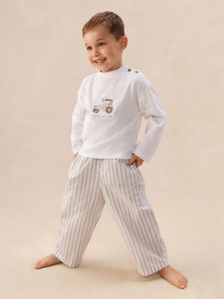The White Company White Cotton Blend Tractor & Stripe Balloon Leg Pyjamas - Image 1 of 4