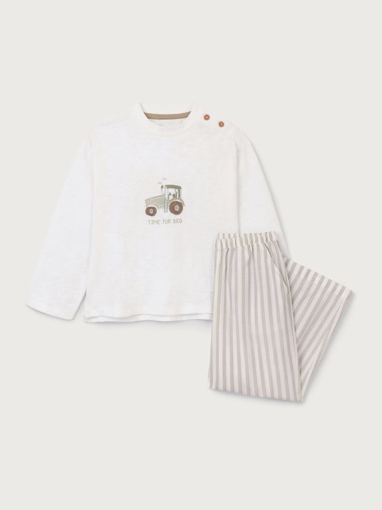The White Company White Cotton Blend Tractor & Stripe Balloon Leg Pyjamas - Image 4 of 4