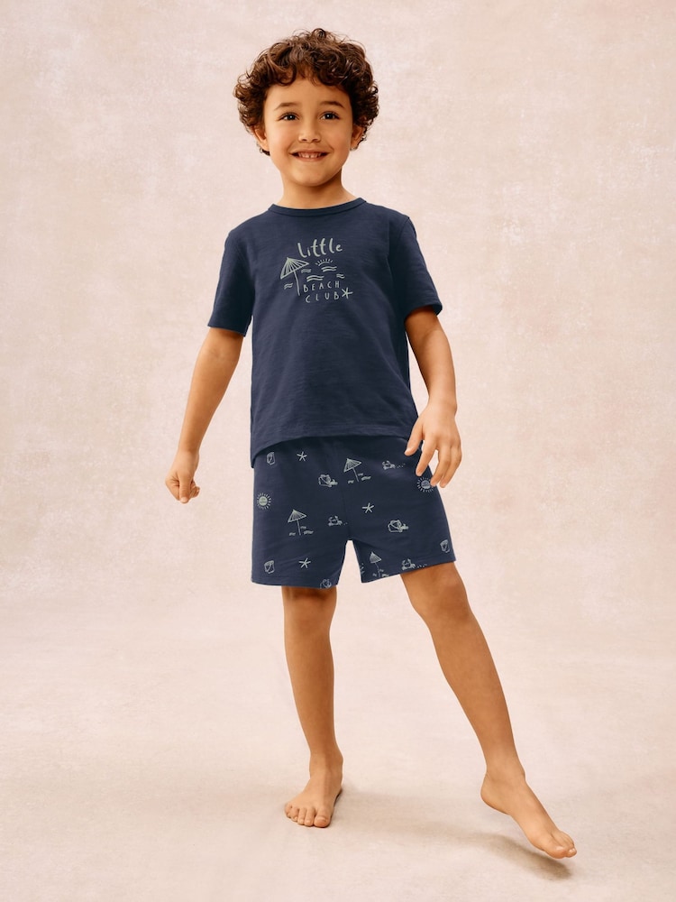 The White Company Blue Cotton Blend Glow In The Dark Beach Club Relaxed Shortie T-Shirt and Short Set - Image 2 of 5 The White Company Blue Cotton Blend Glow In The Dark Beach Club Relaxed Shortie T-Shirt and Short Set - Image 2 of 5