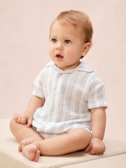 The White Company Blue Double Cotton Watercolour Stripe Classic Rompersuits - Image 2 of 5