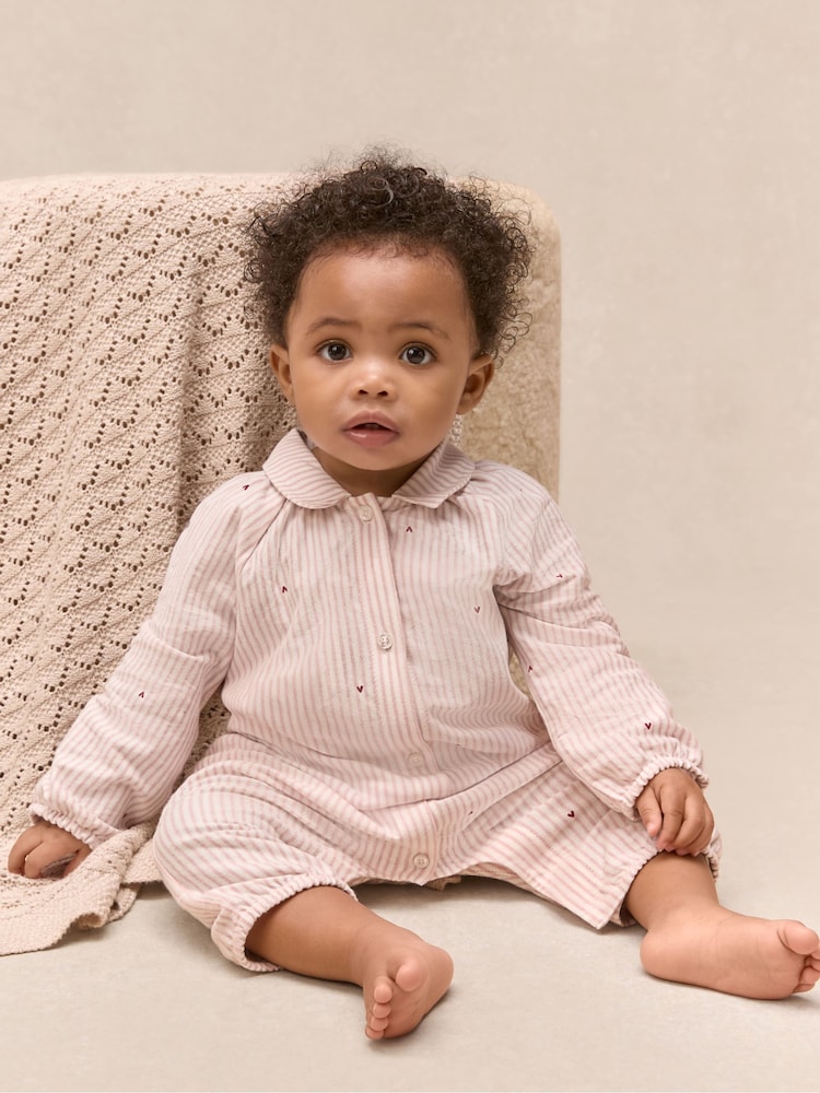 The White Company Cotton Blend Fine Stripe & Heart Classic Sleepsuit - صورة 1 من 5 The White Company Cotton Blend Fine Stripe & Heart Classic Sleepsuit - صورة 1 من 5