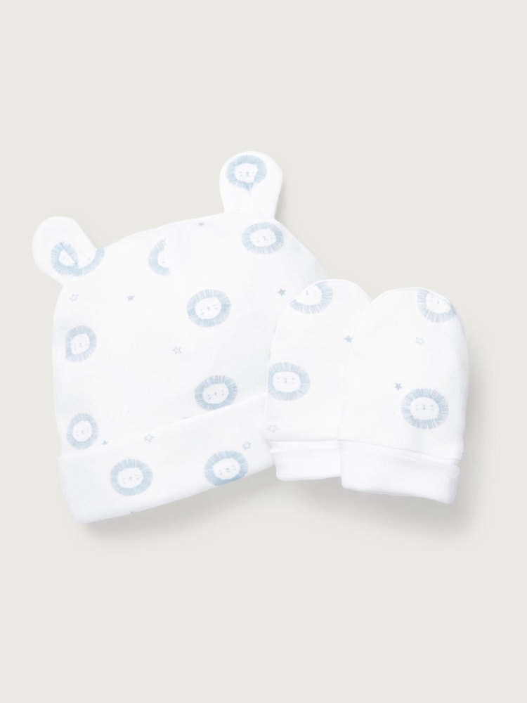The White Company Blue Cotton Lion Hat & Mitt Set - Image 1 of 1