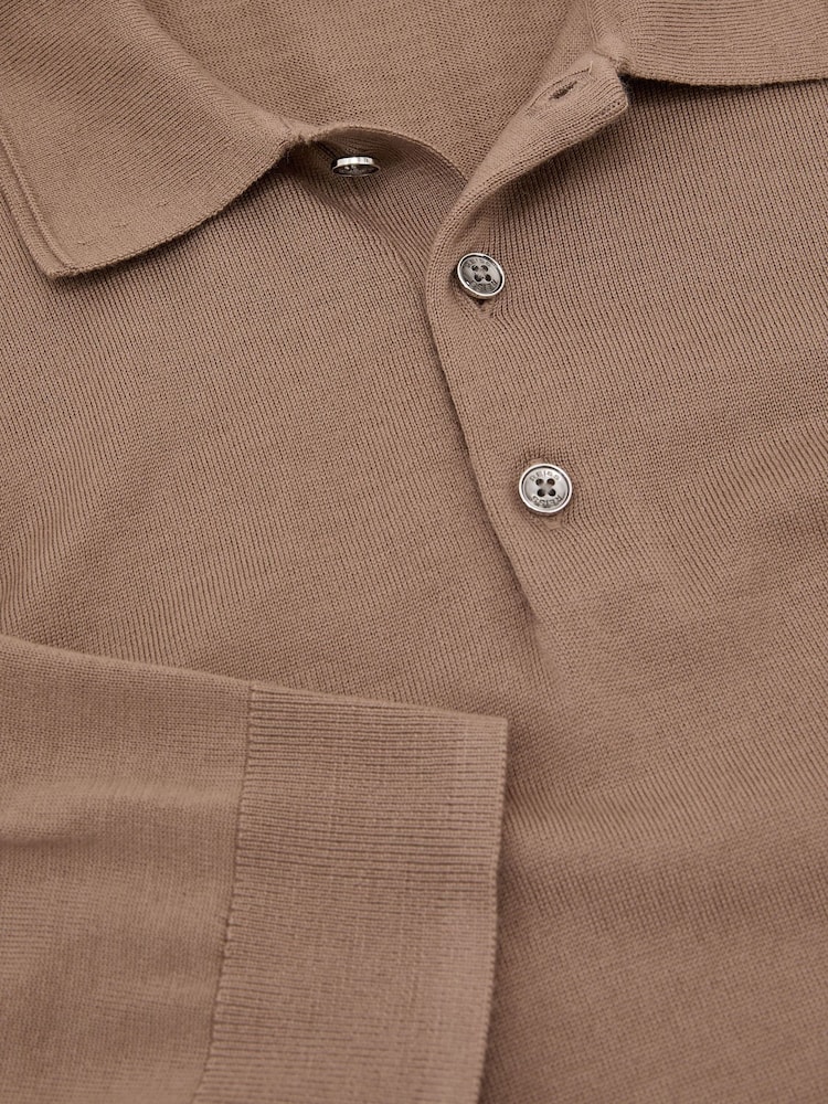 Dəvə Qəhvəyi - Reiss Trafford Merino wool long sleeve Polo Shirt - 8şəkildən 8 şəkil