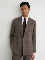 Reiss Chocolate Brown Penso Wool Check Double-Breasted Suit Blazer Classic-Fit - Image 1 of 8
